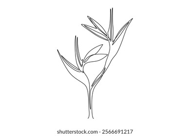 Continuous one line drawing beauty fresh strelitzia for garden logo. Decorative bird paradise flower concept for home wall decor art poster print. Single line draw design vector graphic illustration