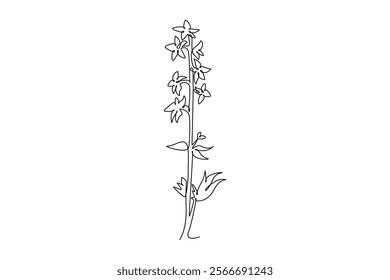 Continuous one line drawing beauty fresh larkspur for home decor wall art print poster. Decorative consolida perennial flower for invitation card. Single line draw design vector graphic illustration