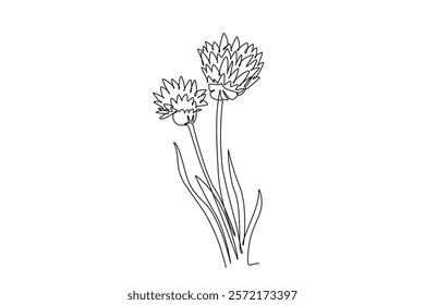 Continuous one line drawing of beauty fresh allium tuberosum for home wall decor poster. Decorative oriental garlic chives flower for greeting card. Single line draw design vector graphic illustration