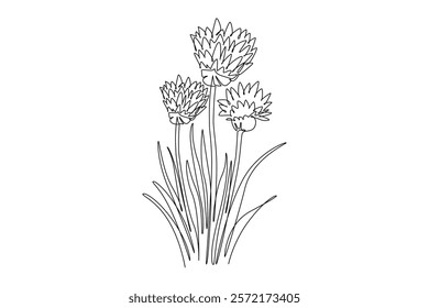 Continuous one line drawing beauty fresh allium tuberosum for garden logo. Decorative chives flower concept for home wall decoration poster print. Single line draw design vector graphic illustration
