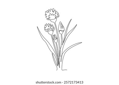 Continuous one line drawing beauty fresh allium tuberosum for home wallpaper decoration poster art print. Decorative oriental garlic chives flower. Single line draw design vector graphic illustration