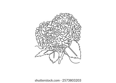 Continuous one line drawing of beauty fresh hydrangea for home art wall decor poster print. Decorative hortensia flower concept for invitation card. Single line draw design vector graphic illustration