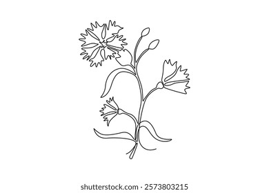 Continuous one line drawing beauty fresh bachelor button for home decor wall art poster print. Decorative cornflower concept for floral card frame. Single line draw design vector graphic illustration