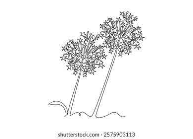 Continuous one line drawing beauty fresh allium globemaster for home art wall decor poster. Decorative giant onion flower concept for greeting card. Single line draw design vector graphic illustration