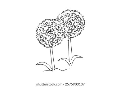 Continuous one line drawing beauty fresh allium giganteum for home decor wall art poster print. Decorative globemaster flower for floral card frame. Single line draw design vector graphic illustration