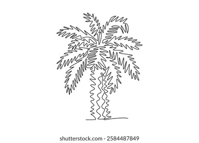 Continuous one line drawing beauty and big phoenix dactylifera tree logo. Decorative date palm plant concept for home decor wall art poster print. Single line draw design vector graphic illustration