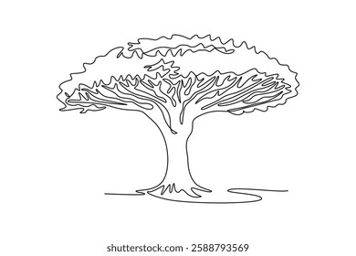 Continuous one line drawing of beauty and exotic dragon blood tree home wall art decor poster print. Dracaena cinnabari tree for national park logo. Single line draw design vector graphic illustration