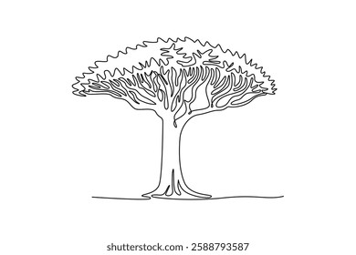 Continuous one line drawing beauty and exotic socotra dragon tree. Decorative umbrella shape tree for greeting post card. Tourism and travel logo. Single line draw design vector graphic illustration