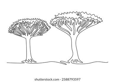 Continuous one line drawing beauty and exotic dragon blood tree. Decorative dracaena cinnabari for greeting post card. Tourism and travel concept. Single line draw design vector graphic illustration