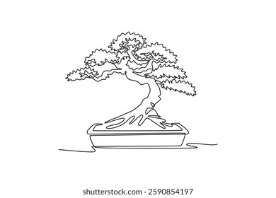 Continuous one line drawing beauty and exotic miniature bonsai tree for home wall art decor poster print. Decorative old potted plant for shop logo. Single line draw design vector graphic illustration