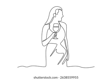 Continuous one line drawing of beauty woman drinking a cup of tea at caffe. Entertainment activity minimalist concept. Entertainment area.