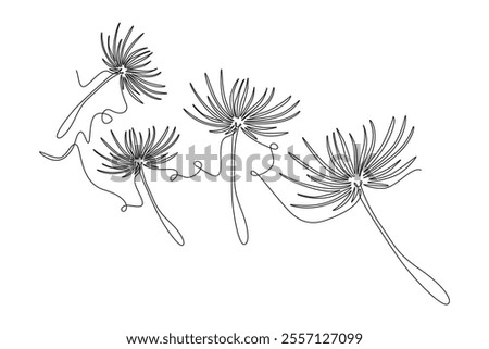 Continuous one line drawing beauty fresh taraxacum for home art wall decor poster. Printable decorative dandelion flower for greeting card ornament. Single line draw design vector graphic illustration