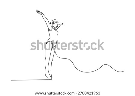Continuous one line drawing beauty woman diving athlete poised on edge of diving board with arms raised, balance, grace, anticipation before dive. Single line draw design vector graphic illustration