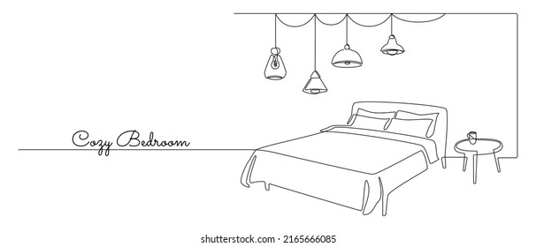Continuous one line drawing of bed and table with cup coffee and loft hanging lamps. Scandinavian furniture for cozy bedroom in simple linear style. Editable stroke. Doodle vector illustration