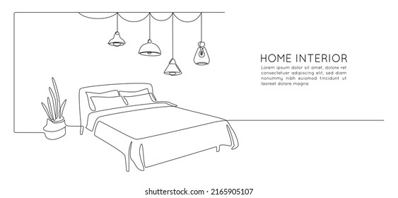 Continuous one line drawing of bed and table with plant and loft hanging lamps. Scandinavian furniture for cozy bedroom in simple linear style. Doodle vector illustration