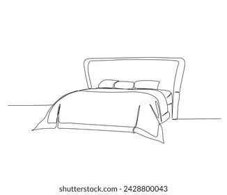 Continuous one line drawing of bed furniture. Double bed single outline vector illustration. Editable stroke.