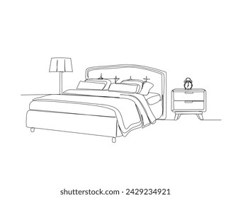 Continuous one line drawing of bed and nightstand. Bed, side table, alarm clock single outline vector illustration. Editable stroke.