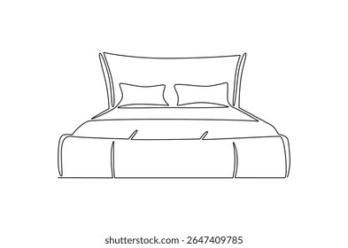Continuous one line drawing of Bedroom with Bed Furniture. Single line drawing illustration of Cozy bedroom interior. Simple House concept vector art. Doodle line illustration.
