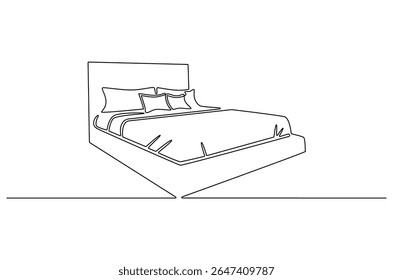 Continuous one line drawing of Bedroom with Bed Furniture. Single line drawing illustration of Cozy bedroom interior. Simple House concept vector art. Doodle line illustration.