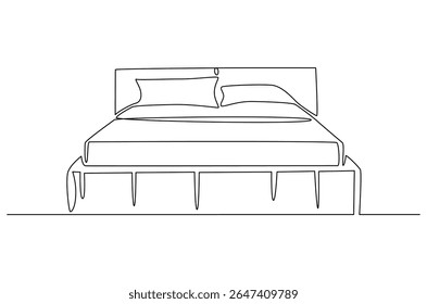Continuous one line drawing of Bedroom with Bed Furniture. Single line drawing illustration of Cozy bedroom interior. Simple House concept vector art. Doodle line illustration.
