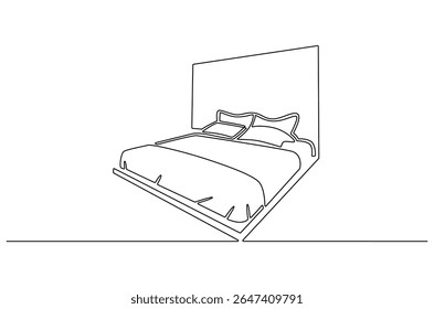 Continuous one line drawing of Bedroom with Bed Furniture. Single line drawing illustration of Cozy bedroom interior. Simple House concept vector art. Doodle line illustration.