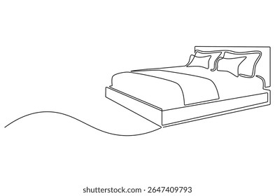 Continuous one line drawing of Bedroom with Bed Furniture. Single line drawing illustration of Cozy bedroom interior. Simple House concept vector art. Doodle line illustration.