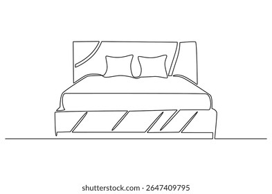 Continuous one line drawing of Bedroom with Bed Furniture. Single line drawing illustration of Cozy bedroom interior. Simple House concept vector art. Doodle line illustration.