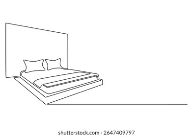 Continuous one line drawing of Bedroom with Bed Furniture. Single line drawing illustration of Cozy bedroom interior. Simple House concept vector art. Doodle line illustration.