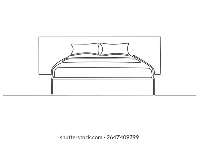 Continuous one line drawing of Bedroom with Bed Furniture. Single line drawing illustration of Cozy bedroom interior. Simple House concept vector art. Doodle line illustration.