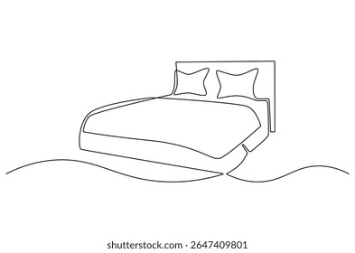 Continuous one line drawing of Bedroom with Bed Furniture. Single line drawing illustration of Cozy bedroom interior. Simple House concept vector art. Doodle line illustration.