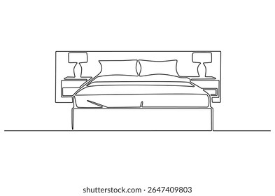 Continuous one line drawing of Bedroom with Bed Furniture. Single line drawing illustration of Cozy bedroom interior. Simple House concept vector art. Doodle line illustration.