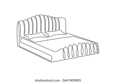 Continuous one line drawing of Bedroom with Bed Furniture. Single line drawing illustration of Cozy bedroom interior. Simple House concept vector art. Doodle line illustration.