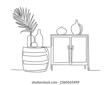 Continuous one line drawing of bedside table and vases. Vector illustration