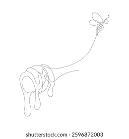 Continuous one line drawing of bee with a honey dipper
