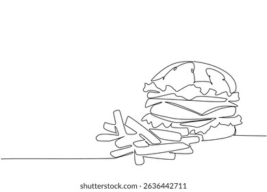 Continuous one line drawing beef burger with french fries on the side. A complete meal menu of protein and carbohydrates. Tasty. National Beef Burger Day. Single line draw design vector illustration