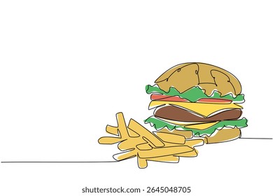 Continuous one line drawing beef burger with french fries on the side. A complete meal menu of protein and carbohydrates. Tasty. National Beef Burger Day. Single line draw design vector illustration