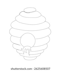 Continuous one line drawing a beehive with honey inside, isolated on a white. A beehive with lines, a branch with leaves. Bee insect house. Hand made vector not Al.
