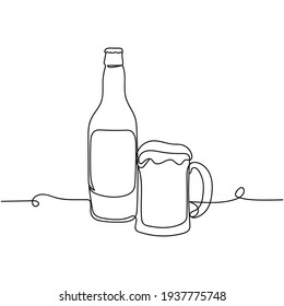 Dibujo continuo de una línea de cerveza en botella y taza de vidrio. Estilo minimalista. Perfecto para tarjetas, invitaciones a fiestas, afiches, pegatinas, ropa. El concepto de bebida.