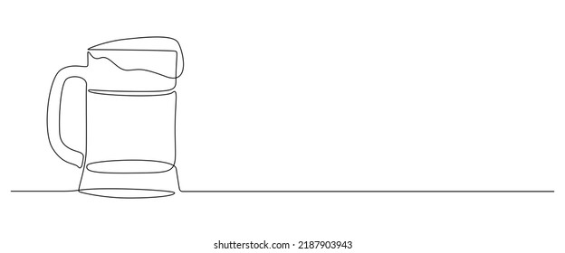 Continuous one line drawing of beer glass with foam. Barley drink bavarian ale in simple linear style for bar and pub concept banner and menu. Editable stroke. Doodle Vector illustration