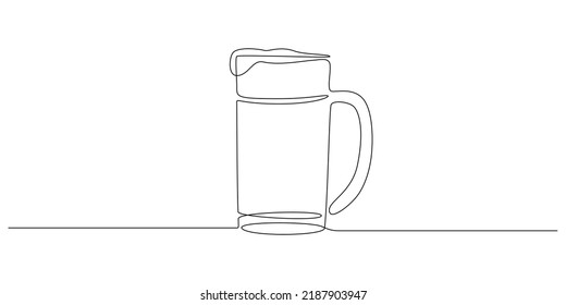 Continuous one line drawing of beer or lemonade glass with foam. Craft drink alcohol ale in simple linear style for bar and pub concept banner and menu. Editable stroke. Vector illustration