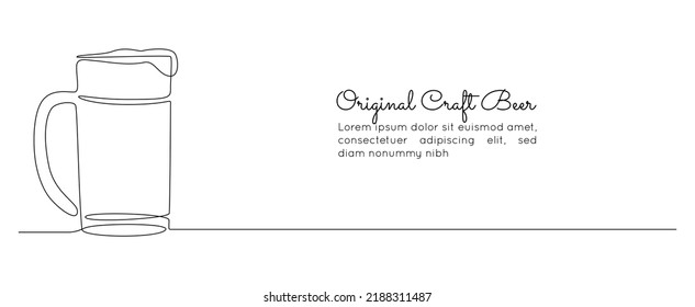 Continuous one line drawing of beer glass with foam. Craft drink alcohol ale in simple linear style for bar and pub concept banner and menu. Editable stroke. Vector illustration