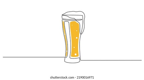 Continuous one line drawing of beer glass with foam. Craft drink alcohol ale in simple linear style for tavern bar and pub concept for menu. Oktoberfest equipment. Doodle Vector illustration