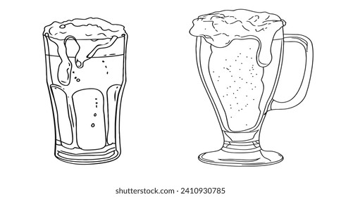 Continuous one line drawing of beer glass with foam. Outline of isolated on white background. Monochrome vector illustration.