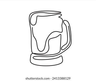 Continuous one line drawing of beer glass with foam. Craft barley alcohol drink in simple linear style for bar and pub vector illustration. Premium vector.