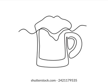 Continuous one line drawing of beer glass with foam. Craft drink alcohol ale in simple linear style for bar and pub concept for menu. Oktoberfest equipment. Editable stroke. Doodle Vector illustration