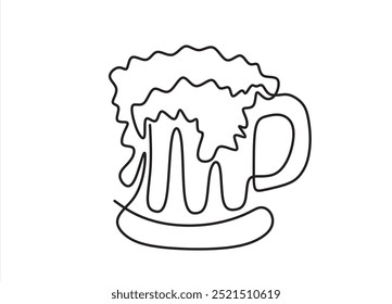 Continuous one line drawing of beer glass with foam. Craft drink alcohol ale in simple linear style for bar and pub concept for menu. Oktoberfest equipment. Editable stroke. Doodle Vector illustration