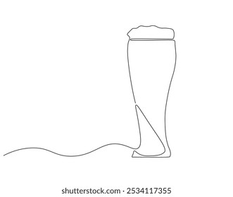 Continuous one line drawing of beer glass with foam. One line drawing illustration of alcoholic drink. International beer day concept line art. Editable outline