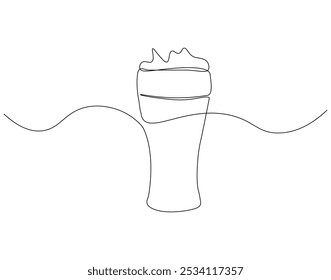 Continuous one line drawing of beer glass with foam. One line drawing illustration of alcoholic drink. International beer day concept line art. Editable outline