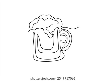 Continuous one line drawing of beer glass with foam. Barley drink bavarian ale in simple linear style for bar and pub concept banner and menu. Editable stroke. Doodle Vector illustration