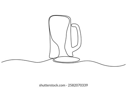 Continuous one line drawing of beer glass with foam. One line drawing illustration of alcoholic drink, Continuous one line drawing of beer in a glass, outline style vector illustration.